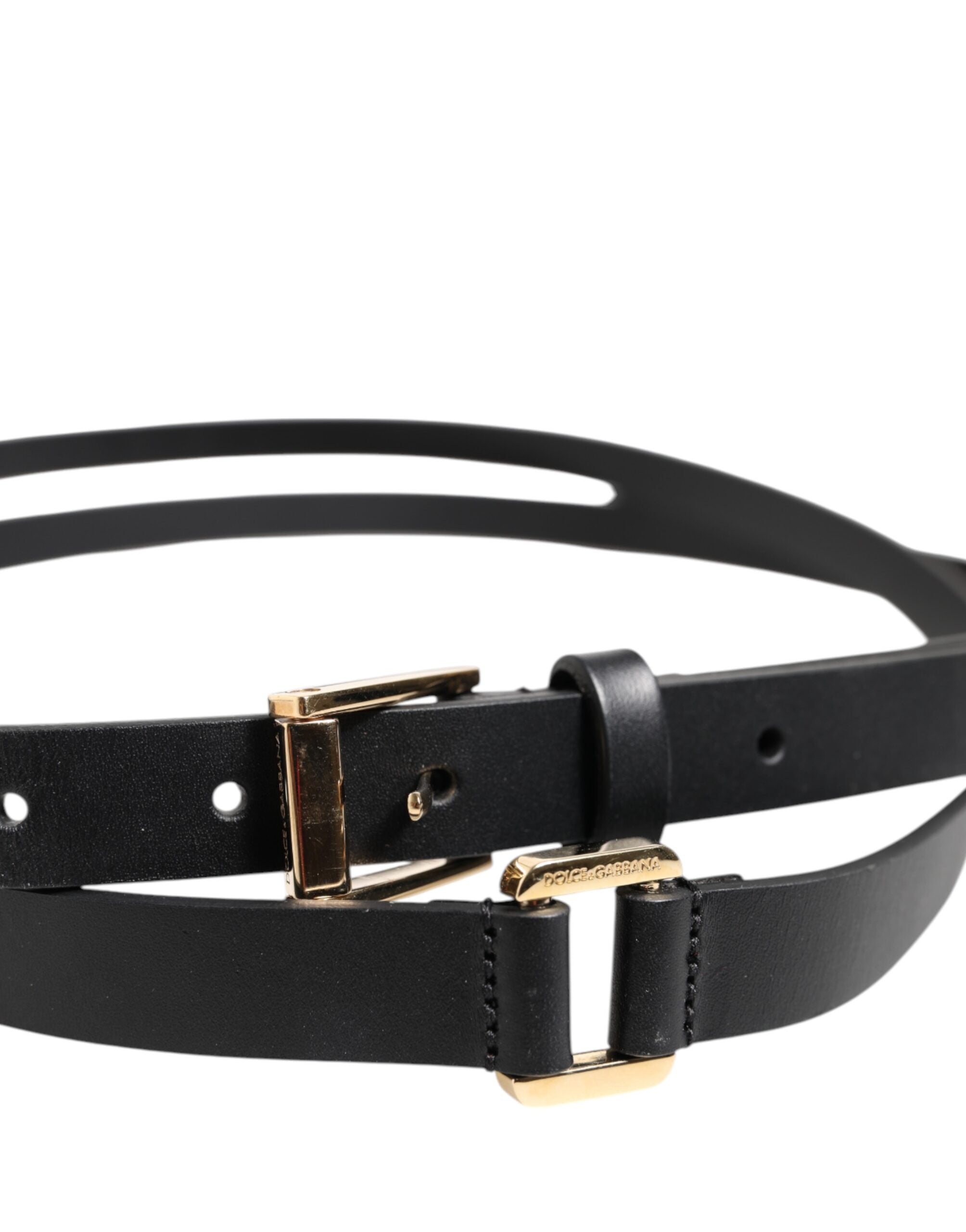 Dolce & Gabbana Black Double Strap Leather Gold Buckle Belt